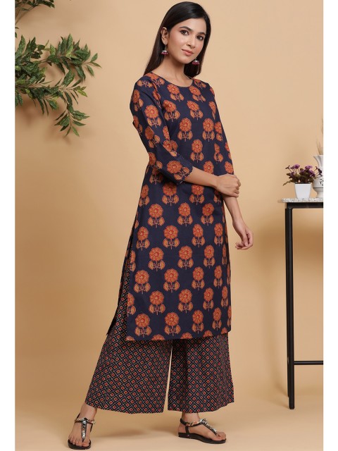 

mirari Women Navy Blue Floral Printed Pure Cotton Straight Kurta with Palazzos