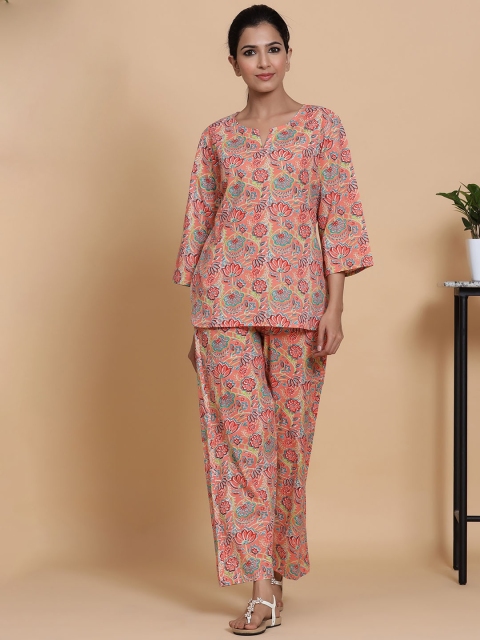 

mirari Peach-Coloured & Pink Printed Cotton Night suit MI01-KPS-218A_XS