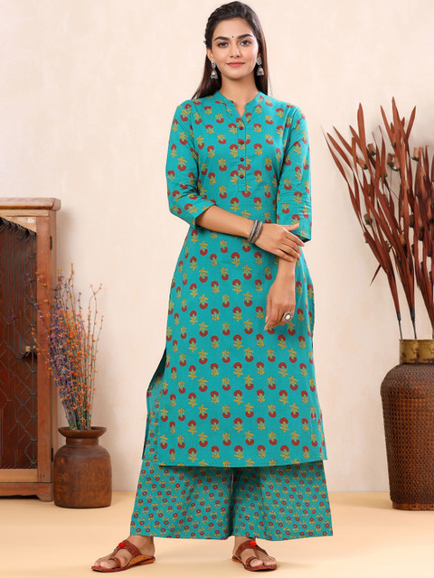 

mirari Green Floral Printed Pure Cotton Kurta with Palazzos