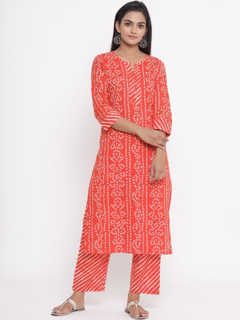 

mirari Orange Bandhej Printed Pure Cotton Kurta with Trousers