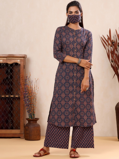 

mirari Women Blue Ethnic Motifs Printed Panelled Pure Cotton Kurta with Palazzos