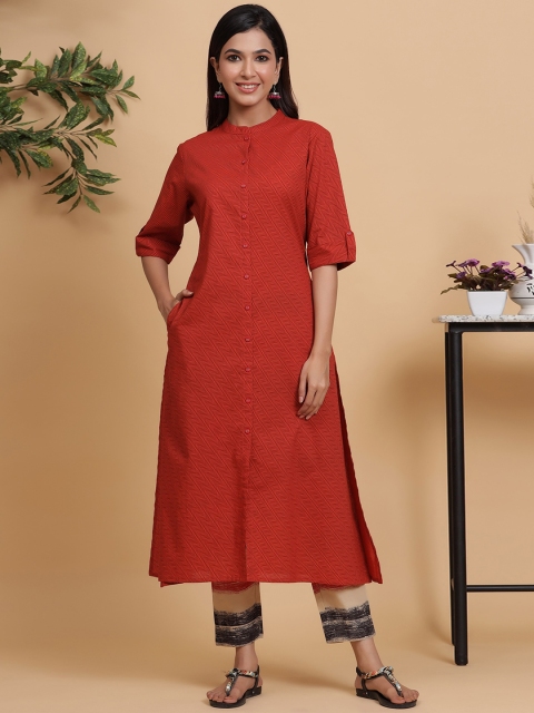 

mirari Women Red Panelled Pure Cotton Kurta with Trousers