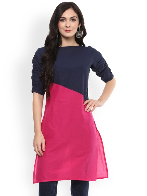 

Pannkh Women Pink & Navy Colourblocked Straight Kurta