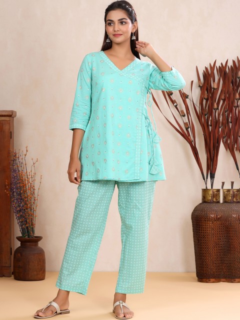 

mirari Blue Floral Printed Pure Cotton Top with Trousers