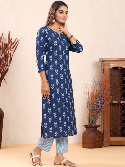 

mirari Women Blue Ethnic Motifs Printed Pure Cotton Kurta with Trousers