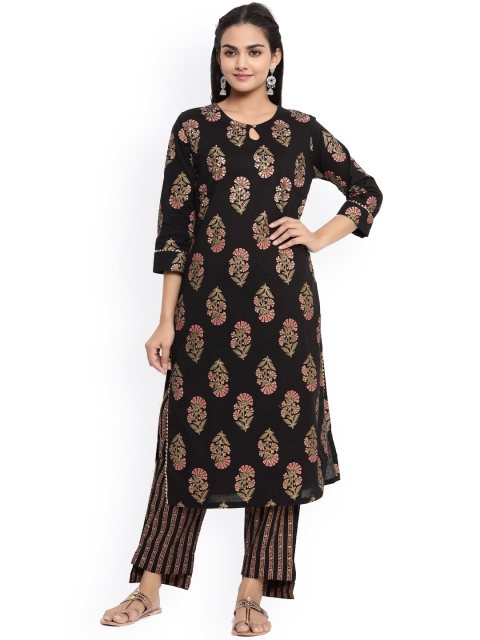 

mirari Women Black Floral Printed Pure Cotton Kurta with Trousers