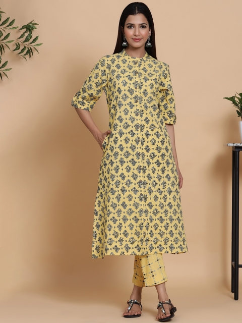 

mirari Women Yellow Ethnic Motifs Printed Pure Cotton Kurta with Trousers