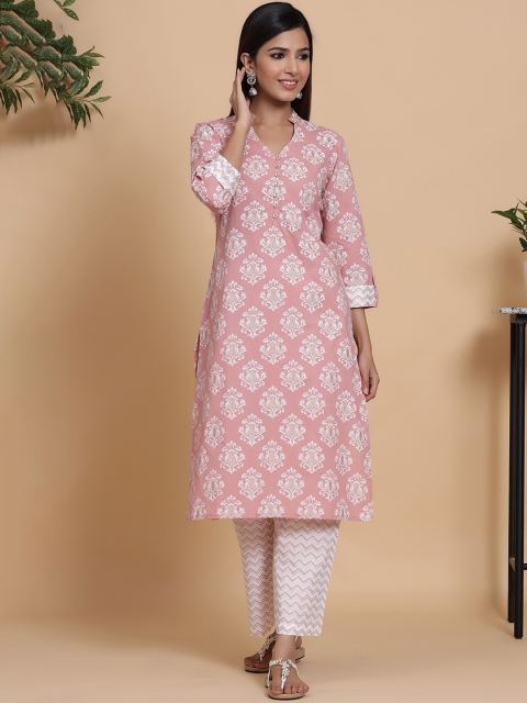 

mirari Women Peach-Coloured Ethnic Motifs Printed Pure Cotton Kurta with Palazzos