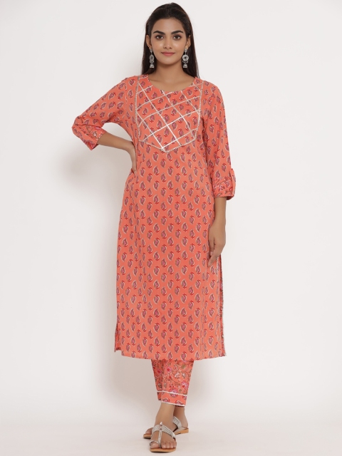

mirari Orange Floral Printed Gotta Patti Pure Cotton Kurta with Palazzos