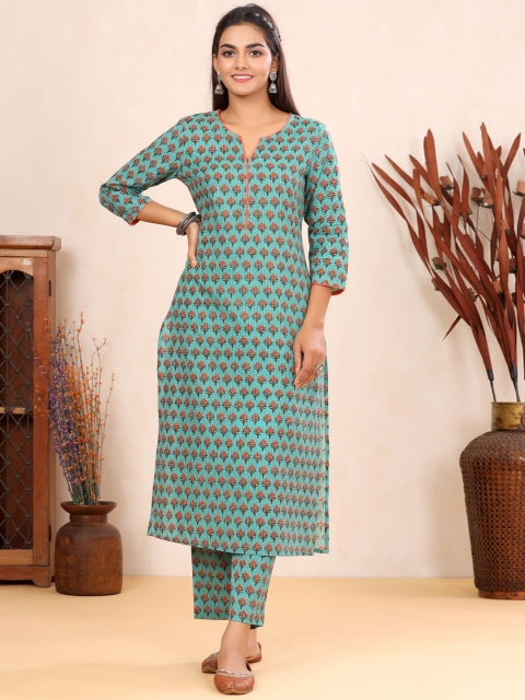 

mirari Sea Green Floral Printed Pure Cotton Kurta with Trousers