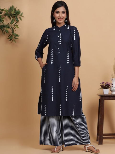 

mirari Women Navy Blue Printed Pure Cotton A-line Kurta with Palazzos