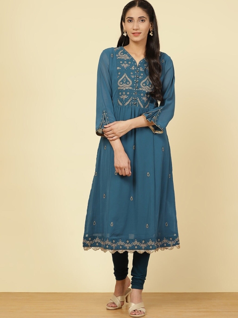 

Lakshita Women Blue Ethnic Motifs Embroidered Mirror Work Anarkali Kurta