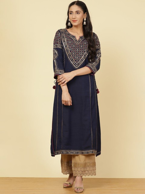 

Lakshita Women Blue & raisin black Geometric Yoke Design Flared Sleeves Thread Work Kurta