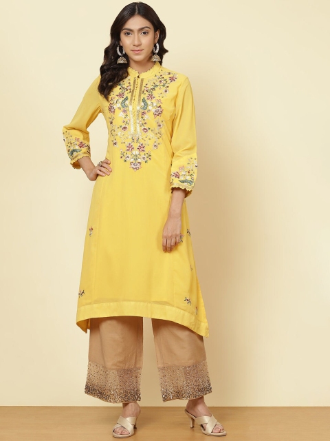 

Lakshita Women Yellow & lemon drop Floral Yoke Design Gotta Patti Georgette Kurta