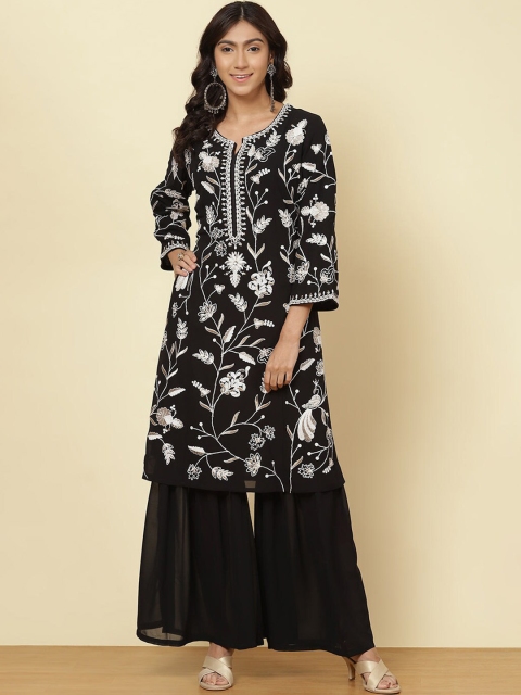 

Lakshita Women Charcoal Dyed Keyhole Neck Flared Sleeves Chikankari Georgette Kurta