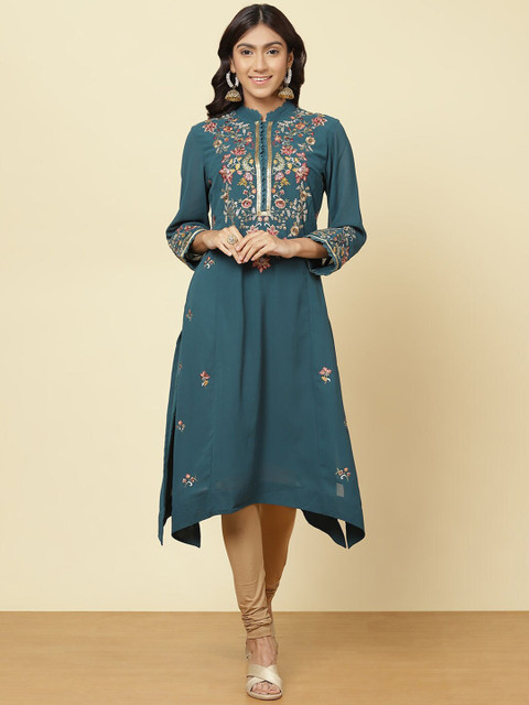 

Lakshita Women Blue Yoke Design Flared Sleeves Georgette Kurta