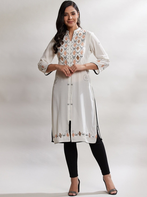 

Lakshita Women White Ethnic Motifs Embroidered Thread Work Georgette Kurta