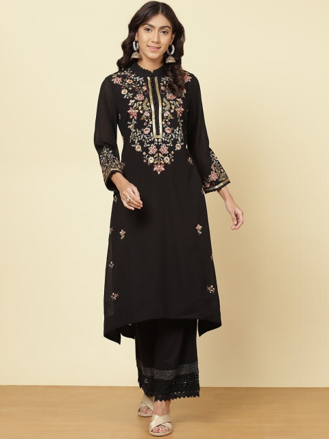 

Lakshita Women Charcoal & brown Embroidered Flared Sleeves Thread Work Georgette Kurta