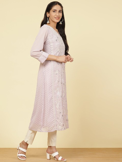 

Lakshita Women Purple Geometric Keyhole Neck Flared Sleeves Chikankari Georgette Anarkali Kurta