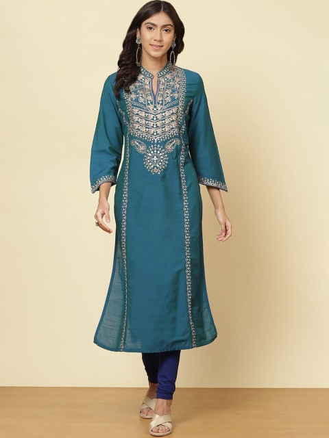 

Lakshita Women Blue Geometric Yoke Design Flared Sleeves Thread Work Kurta