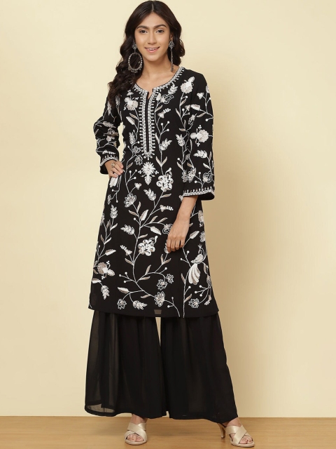 

Lakshita Women Charcoal Dyed Keyhole Neck Flared Sleeves Chikankari Georgette Kurta