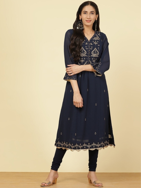 

Lakshita Women Blue & dark sapphire Ethnic Motifs Yoke Design Keyhole Neck Flared Sleeves Thread Work Crepe Kurta