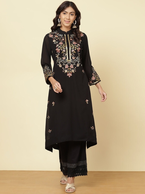 

Lakshita Women Charcoal & brown Embroidered Flared Sleeves Thread Work Georgette Kurta
