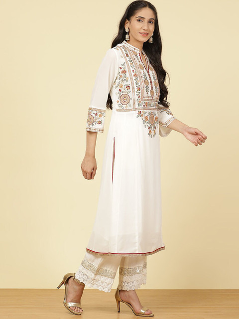 

Lakshita Women White & jet stream Geometric Yoke Design Keyhole Neck Flared Sleeves Thread Work Georgette Kurta