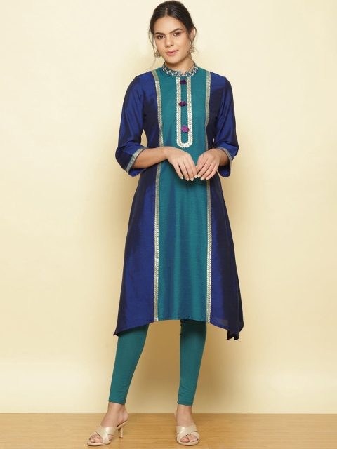 

Lakshita Women Blue & dark sapphire Striped Keyhole Neck Thread Work Kurta