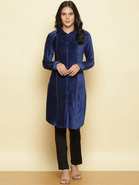 

Lakshita Women Blue & french middle red purple Geometric Thread Work Velvet Pathani Kurta