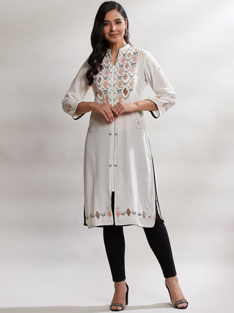 

Lakshita Women White & lilac ash Ethnic Motifs Embroidered Thread Work Georgette Kurta