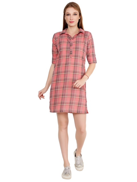 

SAKIA Peach-Coloured & coral almond Checked Shirt Dress