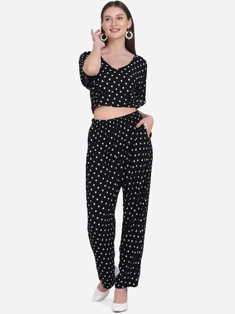 

SAKIA Women Black & White Polka Dot Printed Top with Trousers