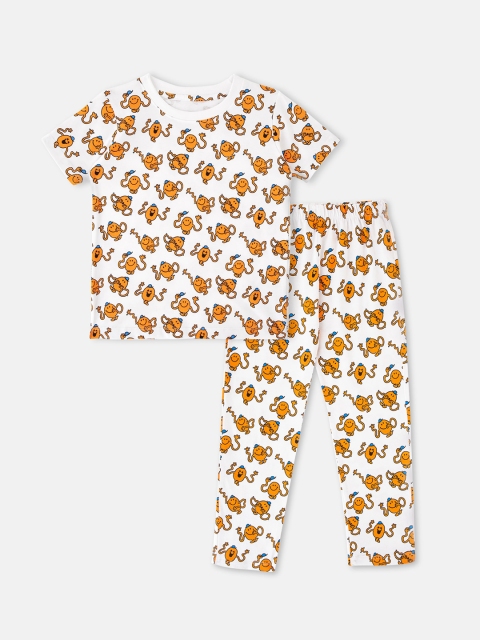 

Cuddles for Cubs Unisex Kids White & Orange Printed Night suit