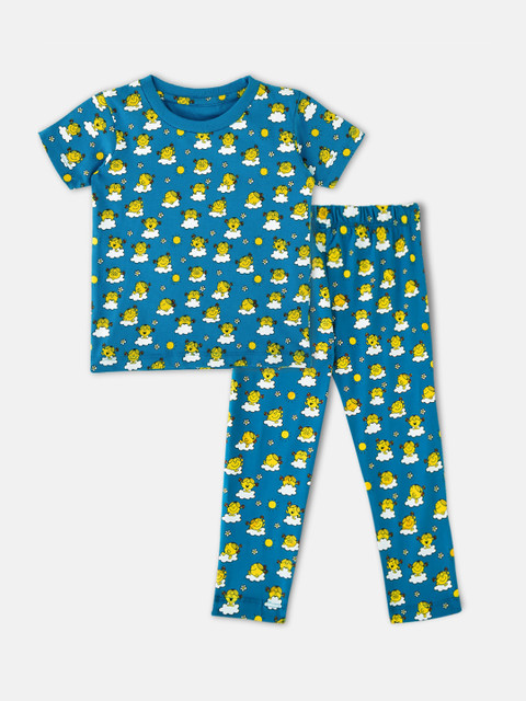 

Cuddles for Cubs Unisex Kids Blue & Yellow Printed Night suit