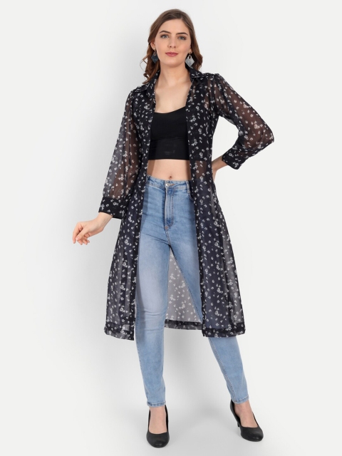 

KIROSHE BY KIRAN Women Navy Blue & White Printed Longline Shrug