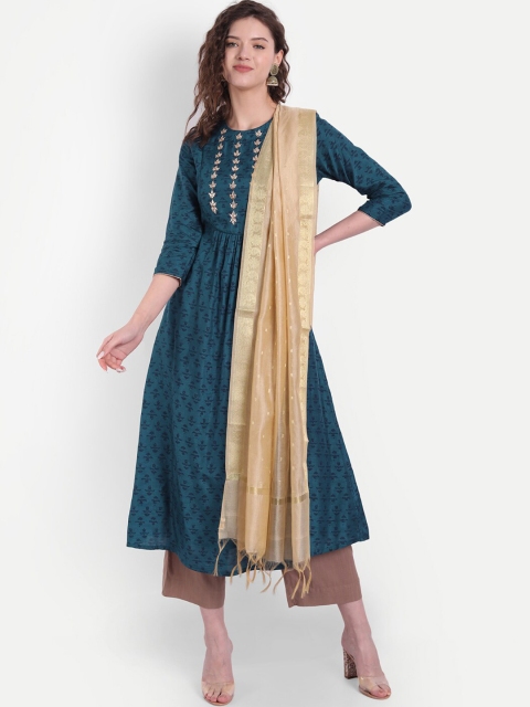 

SUTI Women Blue Ethnic Motifs High Slit Gotta Patti Kurti with Trousers & With Dupatta