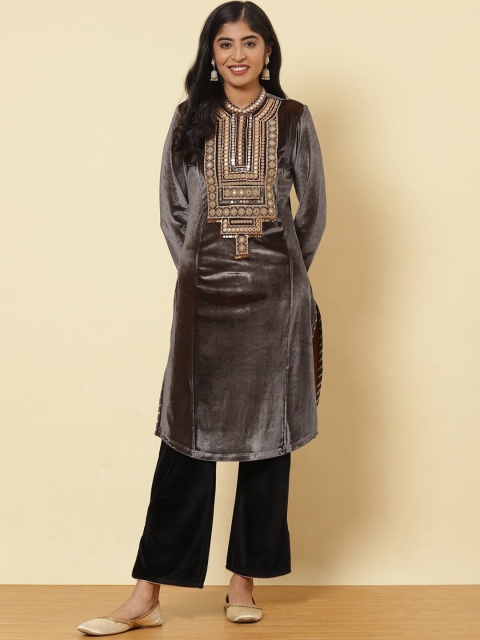 

Lakshita Women's Flared Sleeves Thread Work Velvet Kurti, Grey