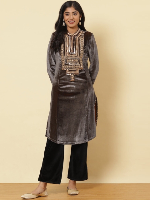 

Lakshita Women's Grey Flared Sleeves Thread Work Velvet Kurti