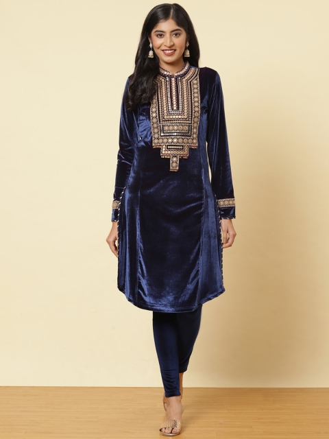 

Lakshita Women Blue Geometric Embroidered Mirror Work Velvet Kurta