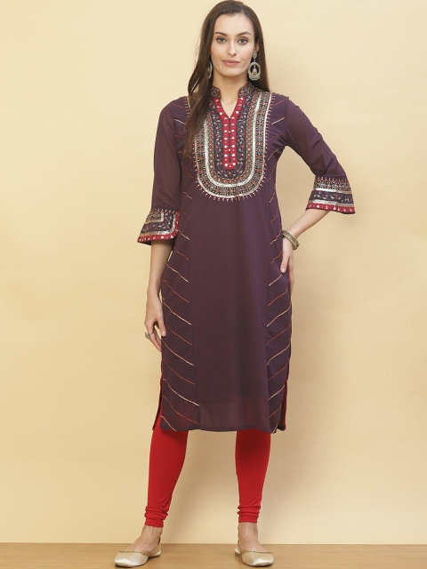 

Lakshita Women Purple Embroidered Keyhole Neck Flared Sleeves Georgette Kurta