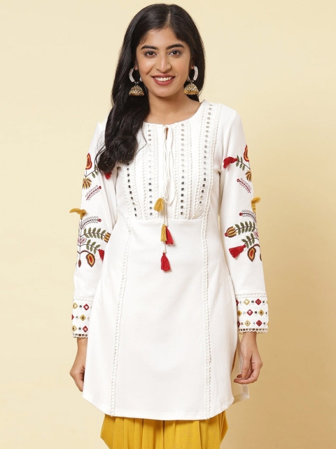 

Lakshita Women White & Red Floral Embroidered Mirror Work Denim Mirror Work Kurti