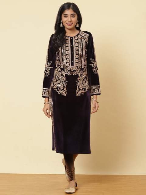 

Lakshita Women Brown Embroidered Velvet Kurta