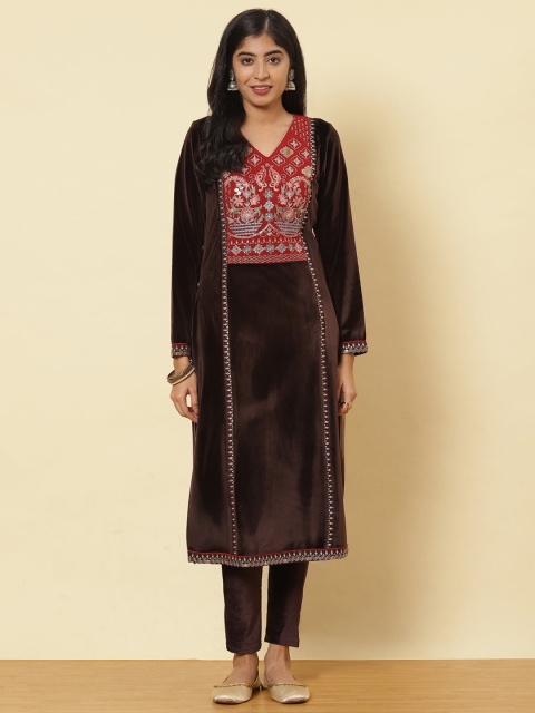 

Lakshita Women Brown Embroidered Mirror Work Velvet Kurta