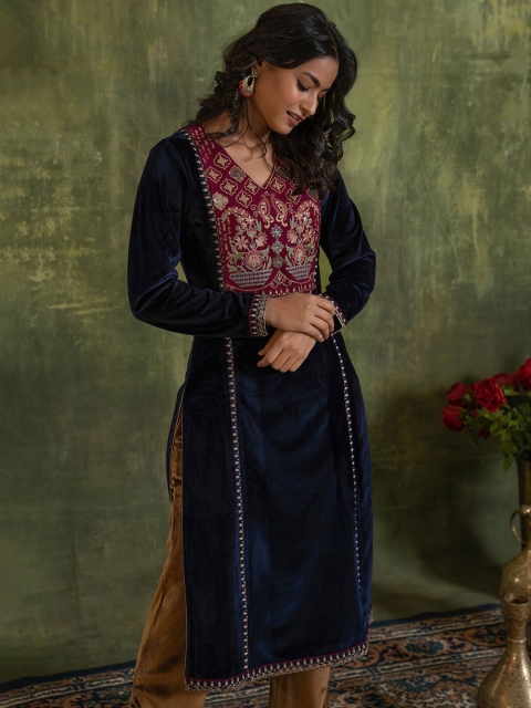 

Lakshita Women Blue & xiketic Floral Flared Sleeves Velvet Kurta