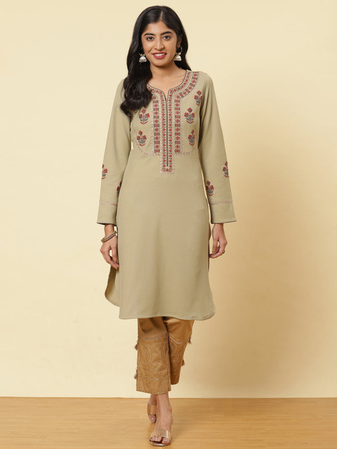 

Lakshita Women Brown Yoke Design Embroidered Kurti Keyhole Neck Thread Work Kurta