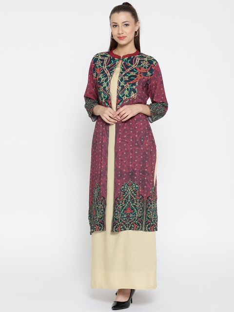 

Shree Women Beige & Burgundy Printed Layered Straight Kurta