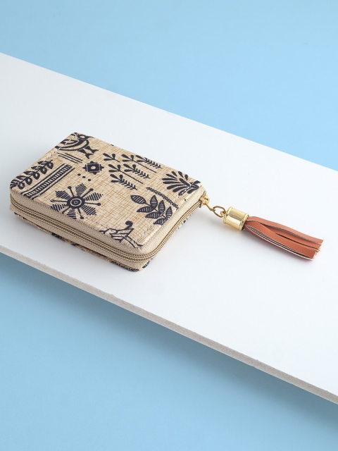 

Golden Peacock Women Beige & Black Floral Printed Zip Detail Zip Around Wallet
