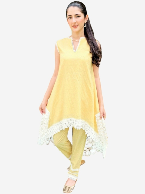 

Alaya By Stage3 Women Yellow & goldfinch Embroidered Cold-Shoulder Sleeves Mirror Work Kurta