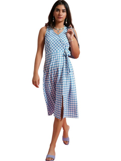 

Alaya By Stage3 Women Blue Checked Organic Cotton A-Line Midi Dress